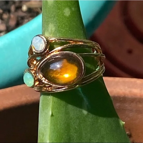 NEW! 18 Karat Gold Plated 925 Sterling Amber Multi Stone Ring Size 7 - Picture 4 of 6